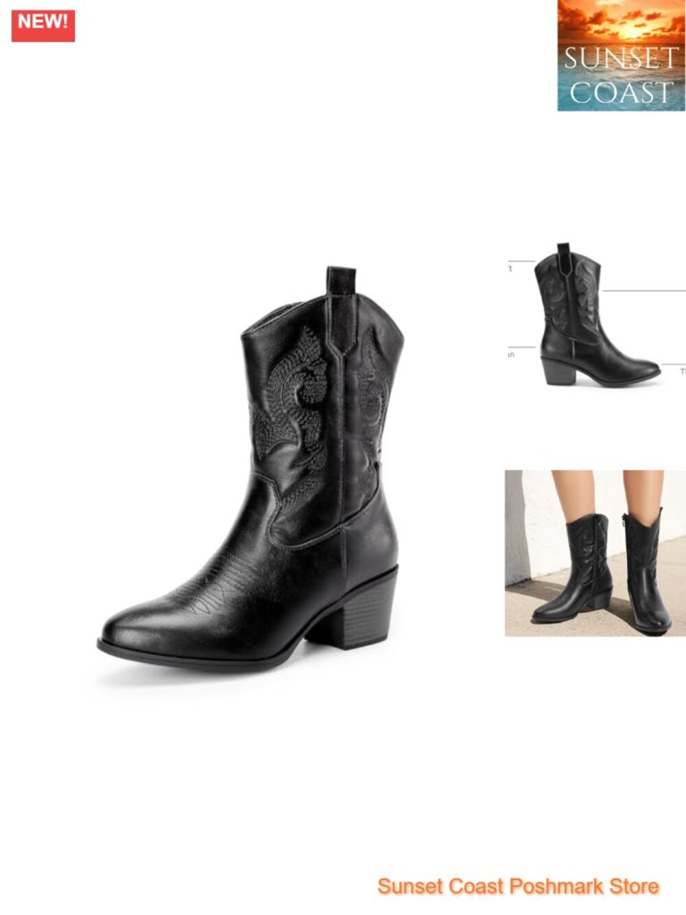 Mid Calf Western Cowboy Boots Faux Leather Cuban Heel